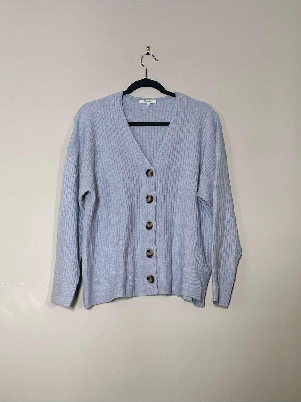 Madewell Pale Blue Ribbed V-Neck Button Wool Blend Cardigan